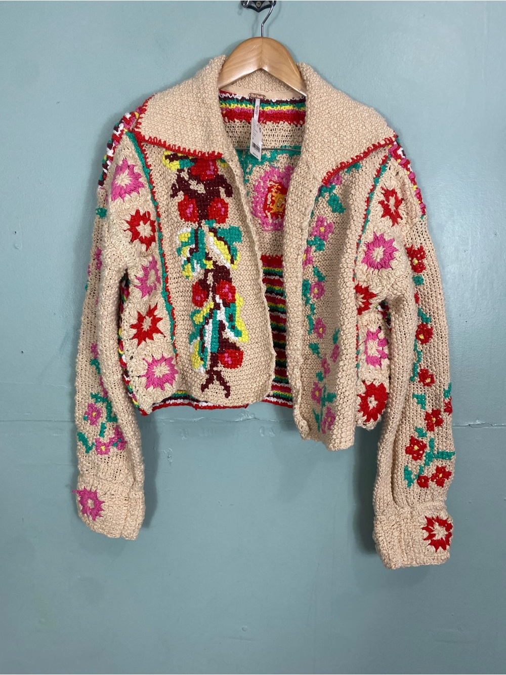 Free People Strawberry Cardi Crochet Cardigan Floral Medium - Picture 2 of 13